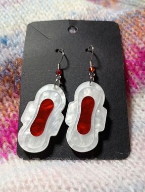 Maxi Pad White Red Pearl Acrylic Earrings Feminist Health Pink Tax Equality